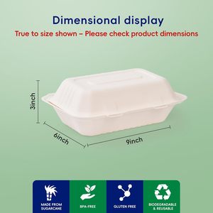 Boîtes à emporter jetables en bagasse pour la restauration rapide, 9*6 pouces, biodégradables, en bagasse de canne à sucre, boîte à lunch bento - Product Image 3