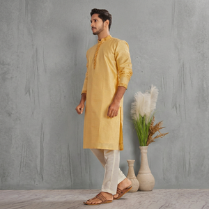 Ethnic Wear <b>Men's</b> Yellow Cotton <b>Kurta</b> Regular Fit Ankle-Length Traditional Casual Wear India Pakistan Style <b>Kurta</b> - Product Image 1