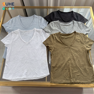 SUHE Custom All Seasons <b>White</b> 100% Cotton Washed V-Neck Loose Fit Short Sleeve Embroidery Casual Women's T-Shirt Anti-Shrink - Product Image 3
