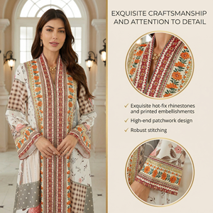 Ethnic <b>Patchwork</b> Modest Dress for Women Loose Flare Sleeve Casual Maxi Wear Supplier - Product Image 3