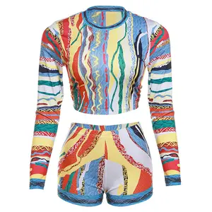 trending new printed o neck long sleeve cropped louse and short pant two piece set fall 2023 women clothes