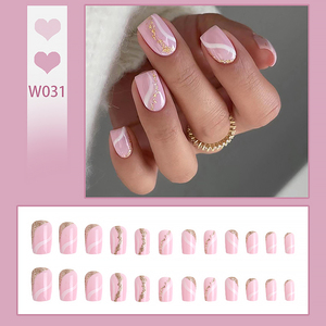 24 faux ongles carrés à presser, motif vague bleue, rose nude, réutilisables en ABS, avec adhésifs pour doigts - Product Image 6