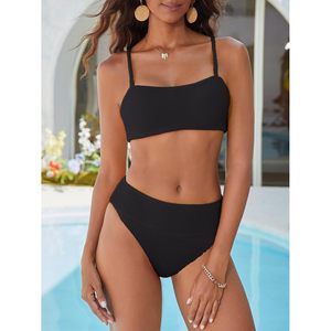 Women <b>Bikini</b> <b>Set</b> High Waist Tummy Control Ribbed 2 Piece Swimsuit Bandeau Beachwear - Product Image 3