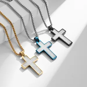 18K Gold Plated Titanium Steel Enamel Inlay Textured Cross Pendant Necklace Brushed Stainless Steel Jewelry Church Gift