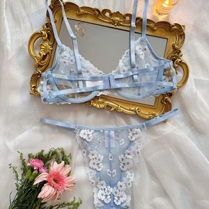 <span class=keywords><strong>Lingerie</strong></span> sexy pour femmes, ensemble de soutien-gorge et culotte sexy et coquin sans manches à col en V, ensemble en dentelle florale exotique - Product Image 2