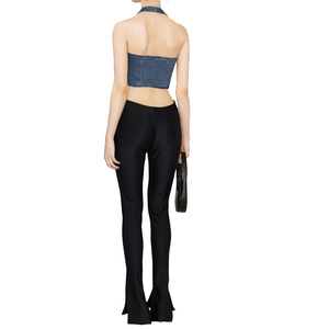Gilet à encolure dos nu bleu délavé personnalisé pour femmes, col rond, fermeture éclair sur le devant, ourlet asymétrique, gilet en jean corset - Product Image 5