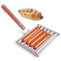 Grille à saucisses pour hot-dogs avec manche en bois extra long, barbecue pour des hot-dogs cuits uniformément, capacité de 5, argent