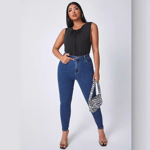 Plus Size Skinny <b>Jeans</b> Dark Blue High <b>Elasticity</b> Crouching Waist Street Fashionista Style Trousers Europe And America Sales - Product Image 4