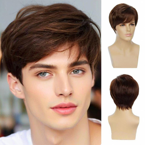 Perruques Courtes <span class=keywords><strong>Afro</strong></span> Ondulées Premium pour Hommes, Couleur Noir-Brun, Fibres Haute Température, Ligne de Cheveux Naturelle, Résistantes à la Chaleur, Ajustables - Product Image 1