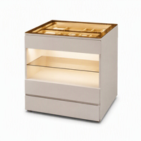 Îlot central moderne pour dressing avec 6 tiroirs, meuble de rangement écologique, éclairage LED, plateau en verre, espace à bijoux et étagère de présentation ouverte