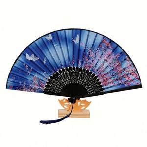 Éventail portable en bambou avec poignée en bambou, motifs floraux multicolores, pour mariée, fête de mariage, en tissu de bambou - Product Image 3