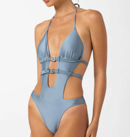 Maillot de bain une pièce femme Repreve, coupe basse, à découpes avec boucle, couleur unie brillante, bretelles réglables, coupe ajustée, vente en gros et personnalisation