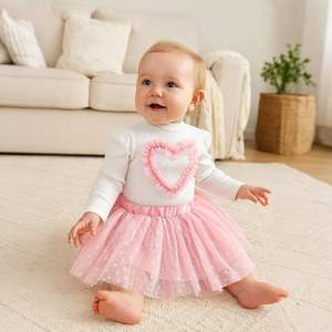 Ensemble jupe et haut pour bébé fille Fnaobai, printemps automne, vêtements pour enfants, haut à manches longues en tricot côtelé avec cœur, jupe tutu en maille - Product Image 3