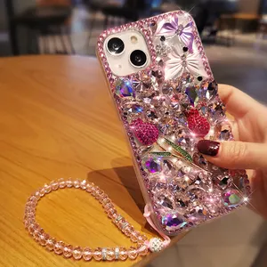 14 Plus Bling Glitter Case Girls 3D Luxury Sparkle Diamond Crystal Rhinestone Rose Flower Butterfly Case with Strap For iPhone