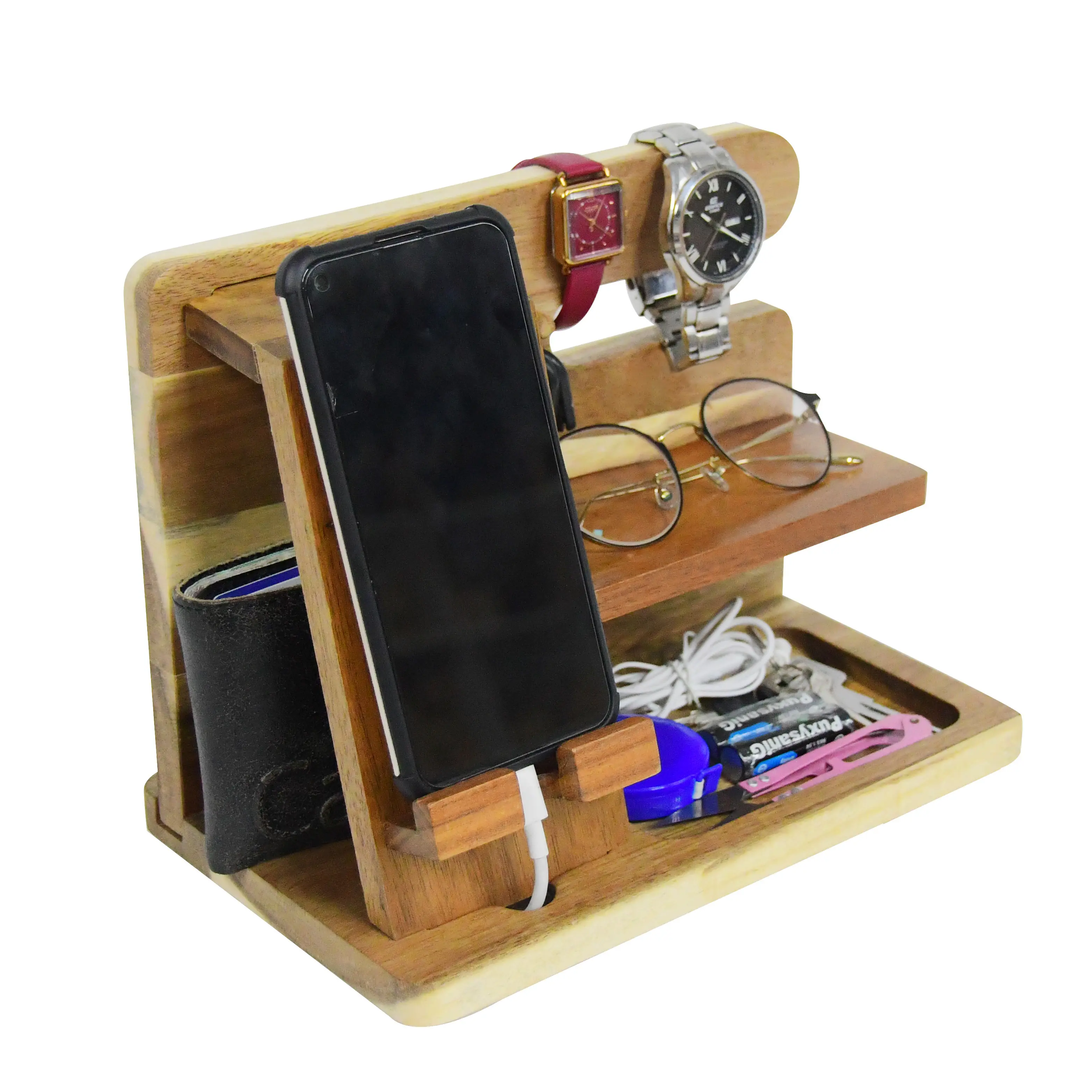 100% NATURAL & ECO Manufacturer Wood Watch Organizer Key Holder Phone Docking Station