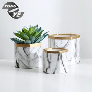 Nordic Creatieve Succulent Marmer Pot Indoor Decor Keramische Bloem Plant Potten Met Gouden Ijzeren Frame
