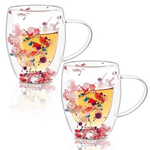 Tasse en verre à double paroi créative pour femmes avec poignée, nouveau design, fleurs séchées, mug à café Shelly, tasses à thé et soucoupes - Product Image 1