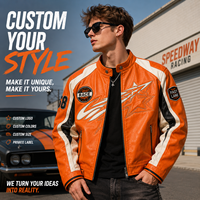 Blouson de moto personnalisé pour homme, orange, fabrication OEM, étiquette privée, col à patch, fermeture éclair, cuir, MOQ 10 pièces, sur commande, blouson en cuir
