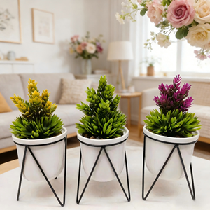 Ensemble de jardinières en céramique texturée avec fausses plantes - Décorations intérieures/extérieures - Product Image 5