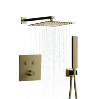 Système de douche encastré thermostatique à double poignée en laiton brossé avec pommeau de douche pluie et fonction pause, en céramique