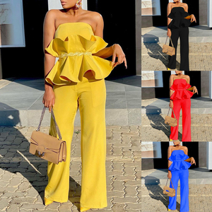 กางเกงขากว้างมีระบายสำหรับผู้หญิงชุด2ชิ้นแนวลำลองกางเกงขากว้างสีพื้น - Product Image 2