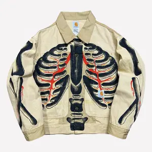Модная уличная одежда по индивидуальному заказу Y2K джинсовая куртка в стиле хип-хоп с обработанным рисунком скелета винтажная Мужская джинсовая куртка