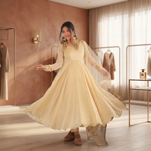 Conjunto de Vestido de Diseñador Doremon Crush de Georgette Sintético con Bordado de Encaje y Espejos, Estilo Étnico para Mujer, Ideal para Fiestas - Product Image 1