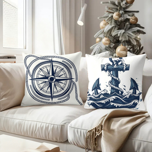 Nautical themed throw pillows featuring lighthouse sailboat compass and anchor designs for coastal home decor - Product Image 4
