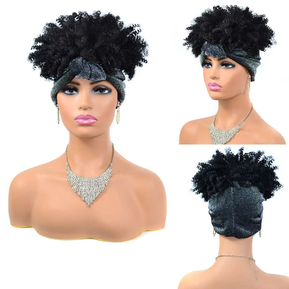 Großhandel Easy Attached Afro Kinky Curly Wrap Turban Stirnband Perücke für schwarze Frauen Ombre Günstige kurze synthetische Haar Stirnband Perücken