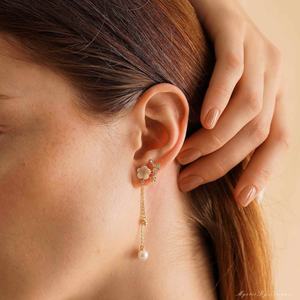 Boucles d'oreilles de luxe haut de gamme en laiton, chaîne longue plaquée or, cuivre, zircon, fausse perle, motif fleur mignon pour soirée de femmes - Product Image 4