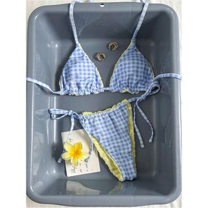 FOXA Women's 2 Piece <b>Bikini</b> <b>Set</b> Floral Halter <b>Triangle</b> Reversible Swimsuit With Striped Tie Side Contrast Binding - Product Image 2