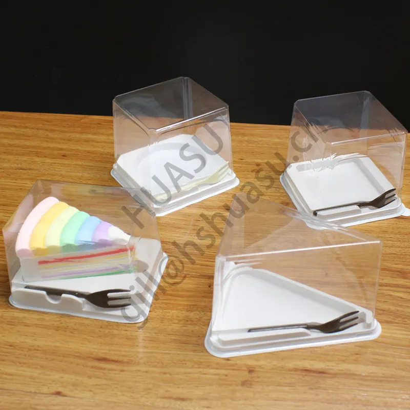 透明な蓋付きのカスタムケーキコンテナPET使い捨て三角形/正方形/長方形スライスチーズケーキスナックデザートプラスチックケーキボックス
