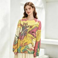Suéter de punto acanalado con estampado de gato de dibujos animados montado en dinosaurio para mujer, cuello redondo informal, manga larga, estilo oversize, para uso diario, combina con todo.
