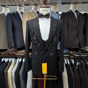 Da uomo 3 pezzi monopetto nero strass con perline a mano in <span class=keywords><strong>pizzo</strong></span> con applicazioni di abiti da sposa pronti - Product Image 5