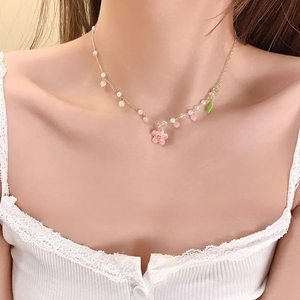 Kalung mutiara untuk wanita bunga aster hijau dicat bunga rumbai jimat bunga merah muda perhiasan pernikahan liontin - Product Image 6