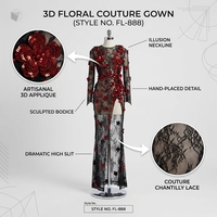 Robe de Soirée Longue de Luxe Printemps Taille Empire avec Appliques Florales 3D, Dentelle Couture, Fente Haute, Manches Longues – Vente en Gros, Personnalisable OEM/ODM