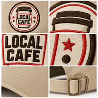 Casquette Dad Cap en coton lavé à calotte souple, avec broderie plate motif Café, pour commande en gros, emballage de détail pour les acheteurs de cadeaux de boulangerie, avec étiquette personnalisée