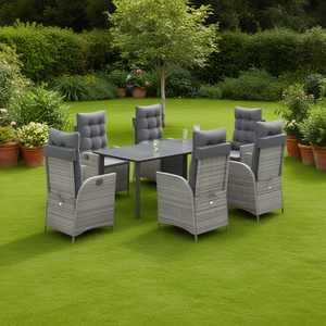 7 Piece <b>Grey</b> Poly Rattan Garden <b>Dining</b> <b>Set</b> With 6 Chairs And Black <b>Table</b> Contemporary Outdoor Furniture Weather Resistant Steel - Product Image 2