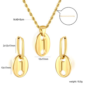 Ensemble collier et boucles d'oreilles en acier inoxydable pour femmes, motif grain de café, bijoux ovales tendance, plaqué or 18 carats, cadeau - Product Image 4