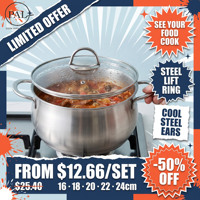 Ensemble de 5 casseroles 16 18 20 22 24 cm, entièrement en acier, poignées soudées, sans plastique, couvercle en verre anti-craquellement, avec trou de vapeur, pour cuisinière à gaz, cuisine domestique