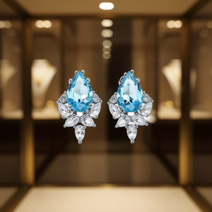 Orecchini a perno con cristalli blu taglio a pera, design floreale, montatura a griffe, gioielli romantici da donna, accessorio per feste - Product Image 2