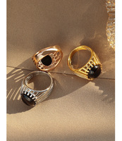 Bague personnalisée en acier inoxydable 316L pour femme, avec pierre noire ovale cabochon, motif soleil doré ajouré, design cage, bijoux