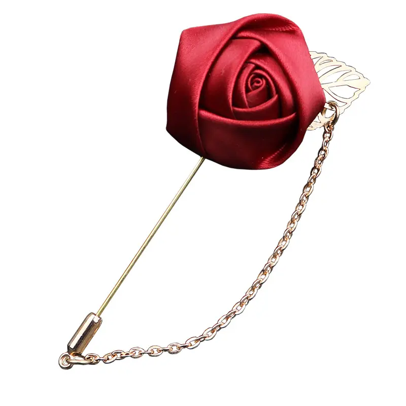 Gold leaf rose Artificial boutonniere flower brooch men's women's word long pin with chain wedding corsage flower