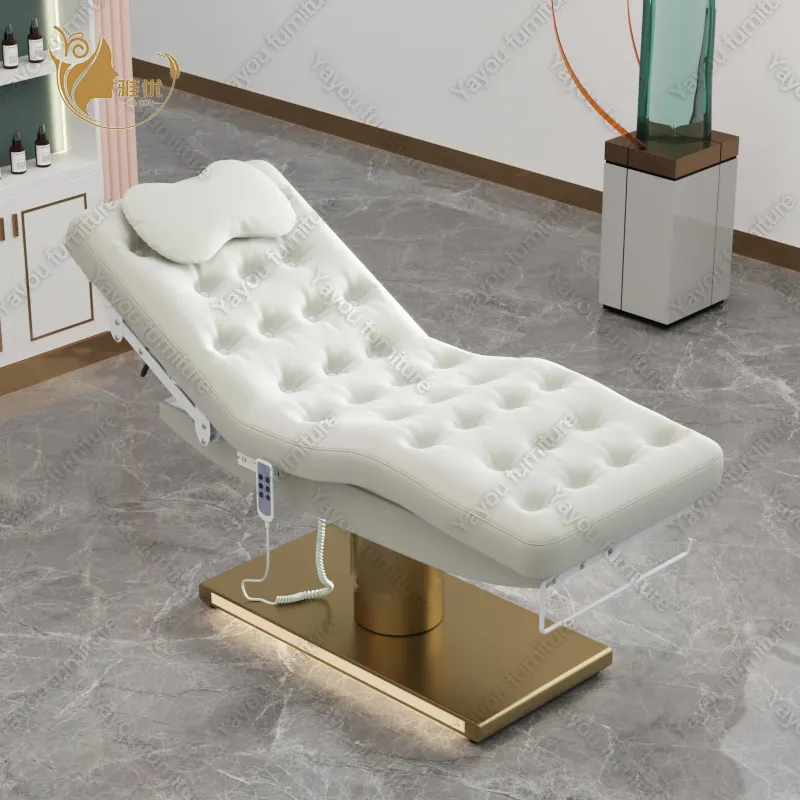 2023 Latest Spa Equipment Massage Bed Gold Cylinder Base Electric Beauty Salon Lash Bed With Led Lighting