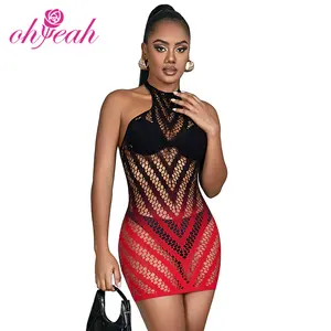 Lingerie dua warna hitam dan merah untuk wanita, pakaian lingerie jaring ikan halterneck elastis stoking seksi tanpa lengan gradien untuk wanita