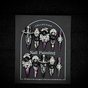 Faux ongles de luxe longs, violets, effet œil de chat, faits main, à presser, avec strass intégrés, pour rendez-vous galants, salon de manucure et décoration d'ongles - Product Image 2