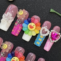 10 faux ongles tendance, forme stiletto/carrée, faits main, réutilisables, en gel souple 3D, motif fleur rose sculptée, épais, en acrylique, pour manucure artisanale