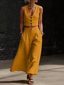 2026 New Women's Old Money Style Linen Blend Two Piece Set S-2XL V Neck Crop Vest + High Waist Wide Leg <strong>Pants</strong> Casual Loungewear - Product Image 5