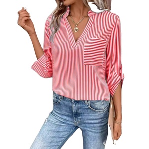 Camicia a maniche lunghe Casual Casual camicetta a maniche lunghe con scollo a V a strisce verticali da donna - Product Image 1