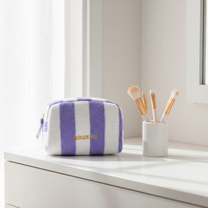 Bolsa de Maquillaje de Tela de Rizo con Rayas Suaves, Bolsa de Maquillaje Personalizada para Regalo, Bolsa de Cosméticos Portátil para Viajes - Product Image 1